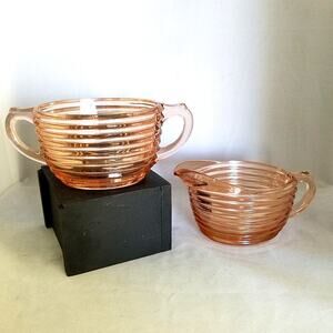 Vintage Anchor Hocking Manhattan Pink Ribbed Sugar & Creamer Set | Art Deco